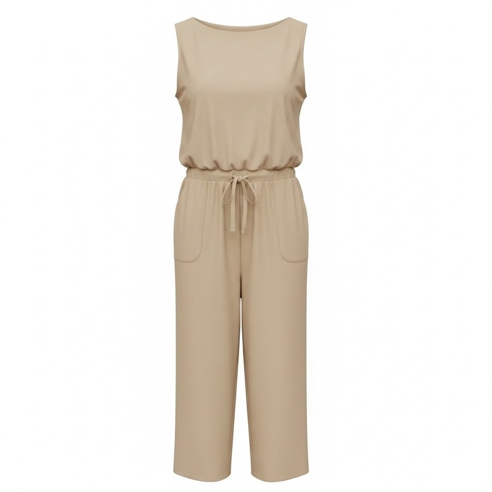 Tan Sleeveless Wide Leg Jumpsuit Drawstring Waist Pockets Size L